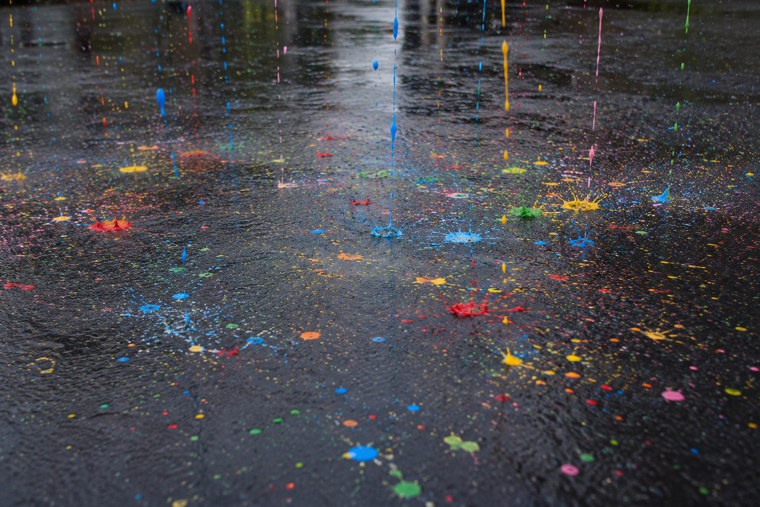 Rain of colored paint splashing across wet asphalt